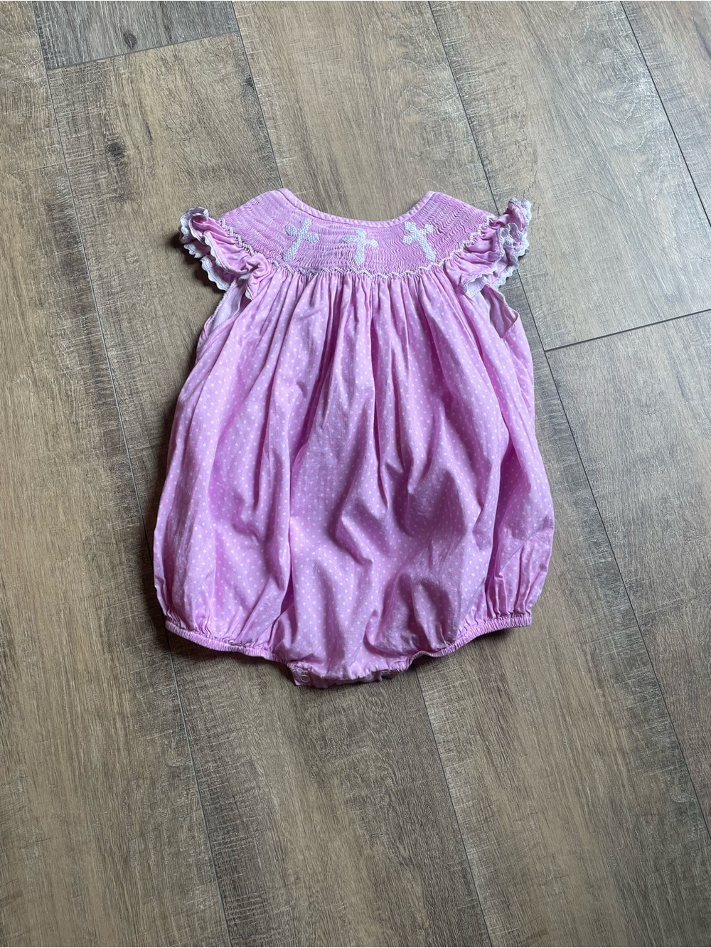 Pink Smocked Polka Dots Baby Bubble Romper with Cross Details